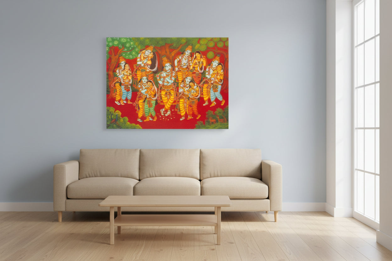 Kerala Wall Mural Painting Divine Krishna Rasa Leela Scene-ArtyCraftz.com