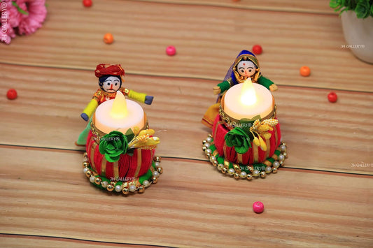 Recycled Material Rajasthani Raja Rani Puppet Decorative Tealight Candle Holder (Pack of 2) - ArtyCraftz.com