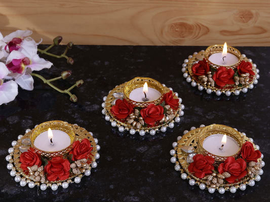 Red Color Decorative Diya Set of 4 | Corporate Gift, Diwali Gift Diya, Deepak, Candles, New Year Gift, Christmas Gifts, Home Decoration Light Diya - ArtyCraftz.com