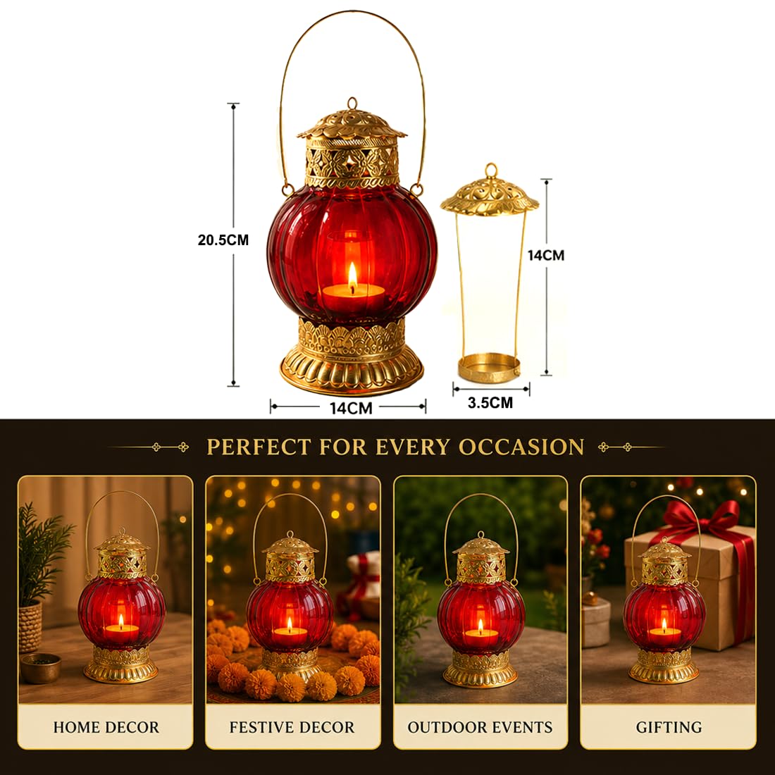 Red Glass T-Light Lantern with Gold Finish-artycraftz.com
