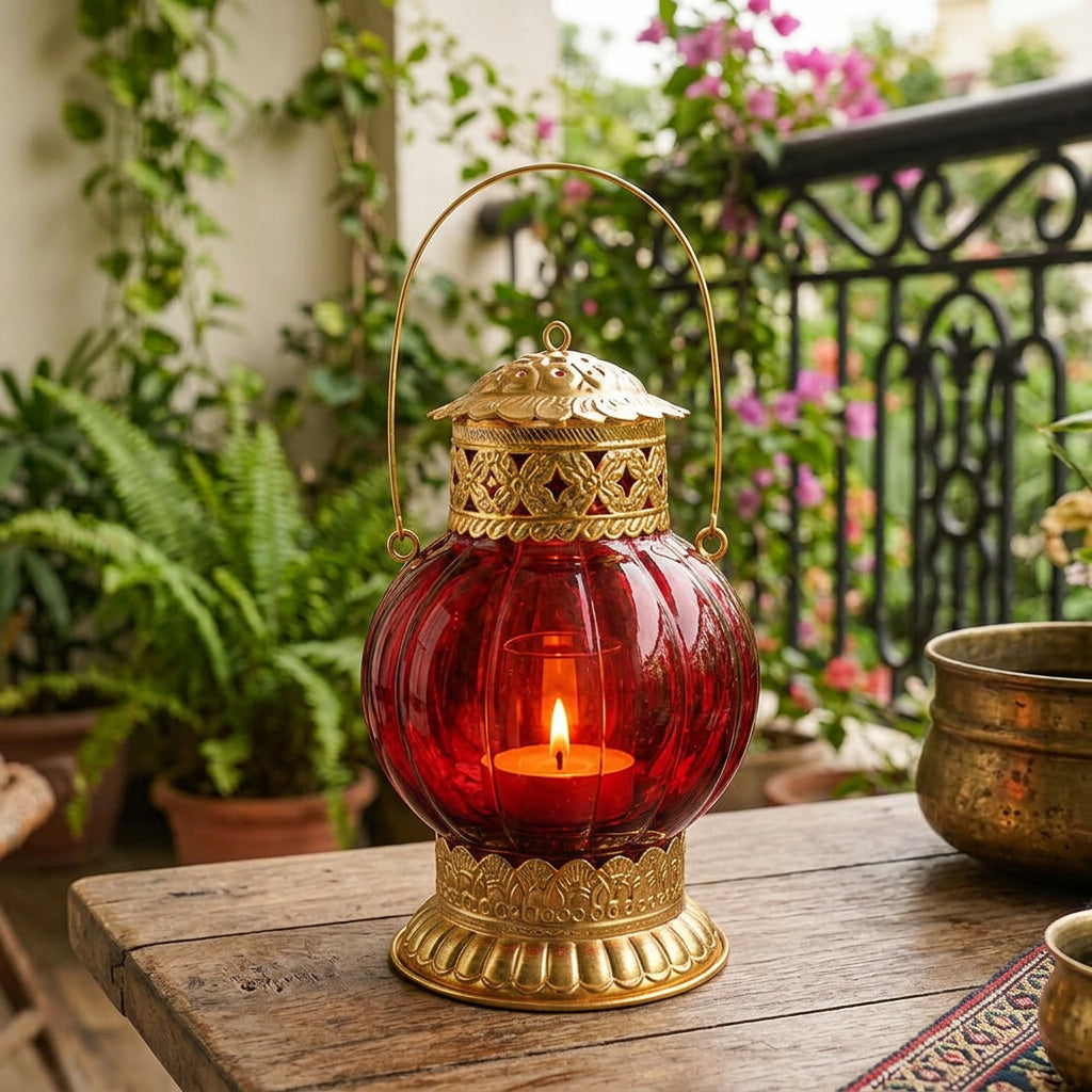 Red Glass T-Light Lantern with Gold Finish-artycraftz.com