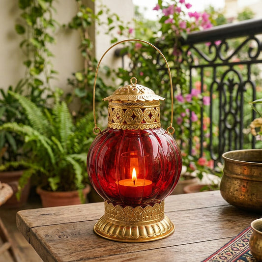 Red Glass T-Light Lantern with Gold Finish-artycraftz.com