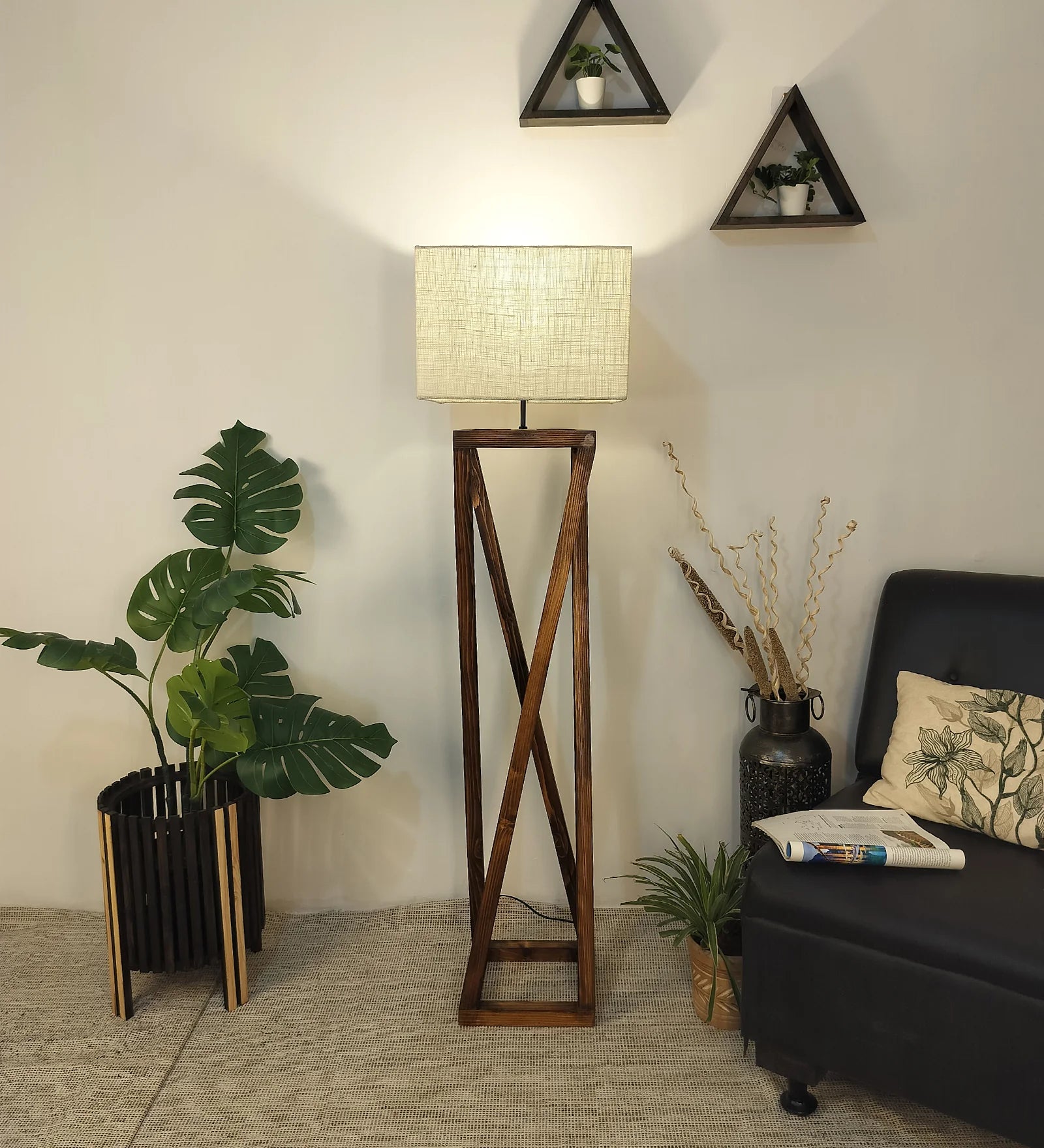 Remy Wooden Floor Lamp with Brown Base and Beige Fabric Lampshade - ArtyCraftz.com