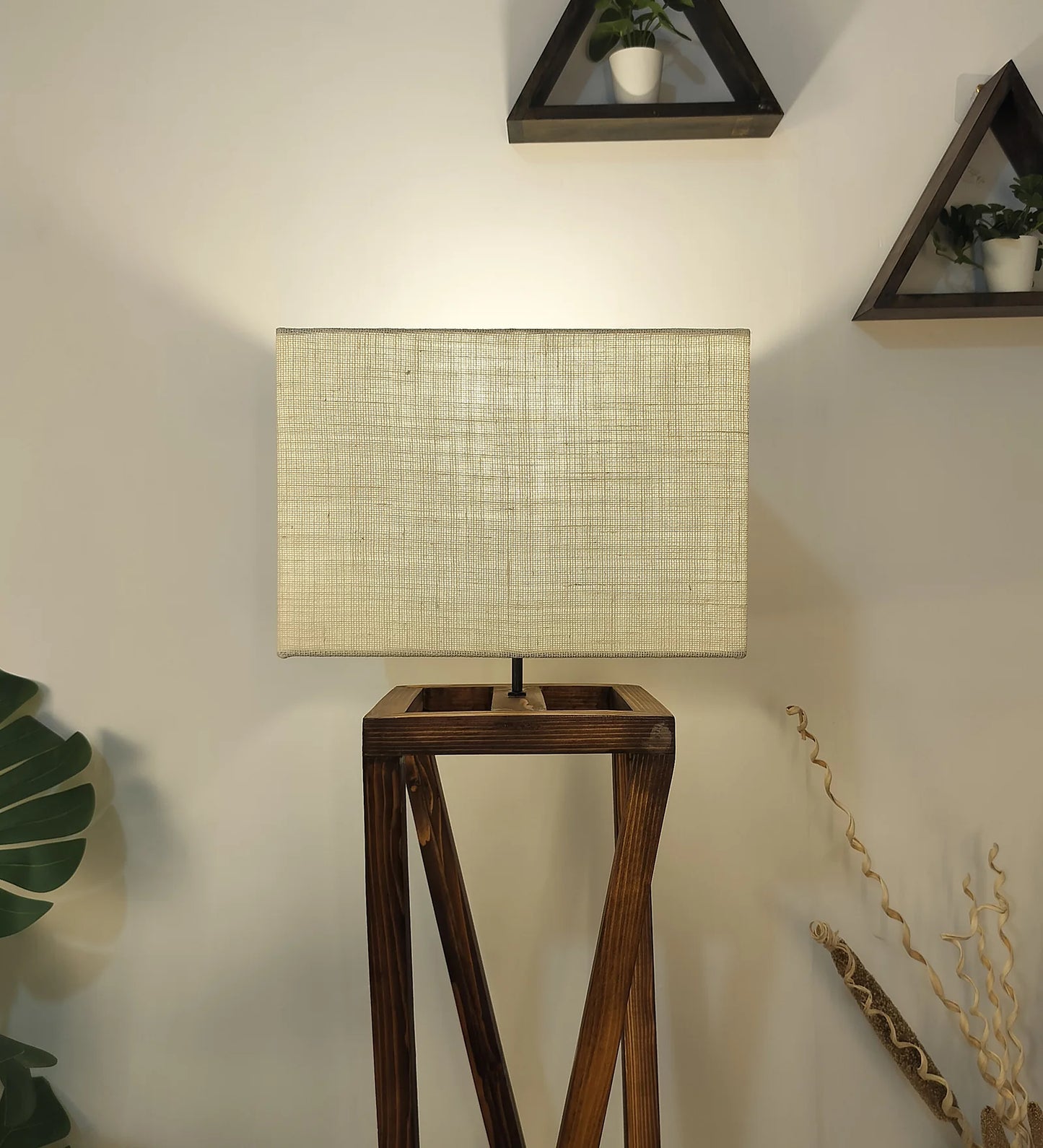 Remy Wooden Floor Lamp with Brown Base and Beige Fabric Lampshade - ArtyCraftz.com
