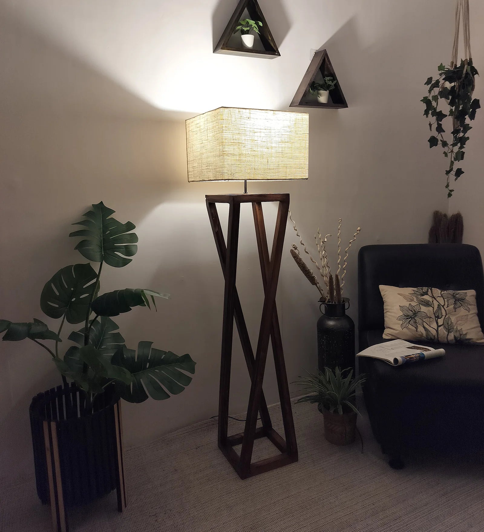 Remy Wooden Floor Lamp with Brown Base and Beige Fabric Lampshade - ArtyCraftz.com