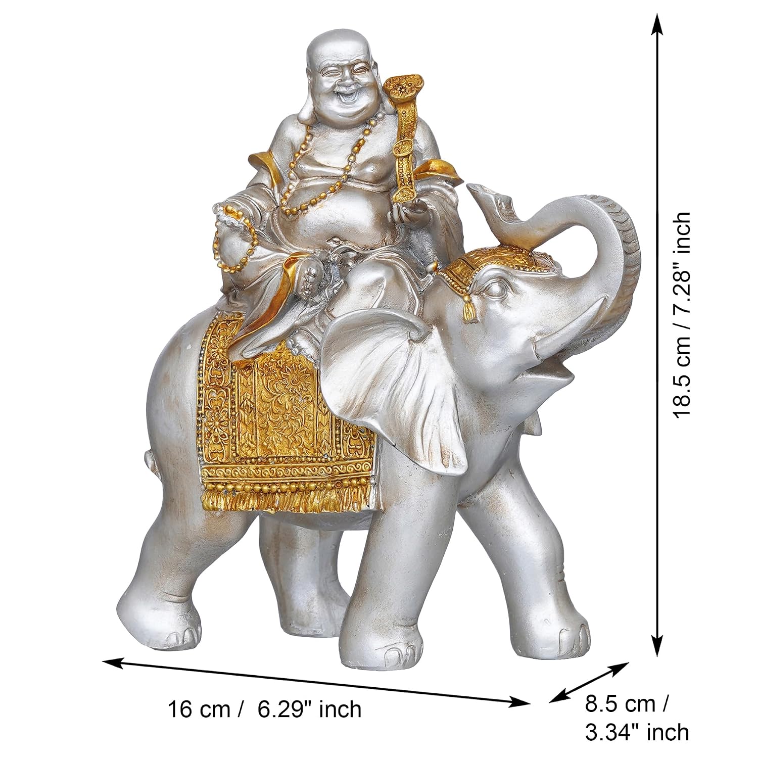 Resin Silver Golden Laughing Buddha Statue Seating on Elephant Showpiece-ArtyCraftz.com