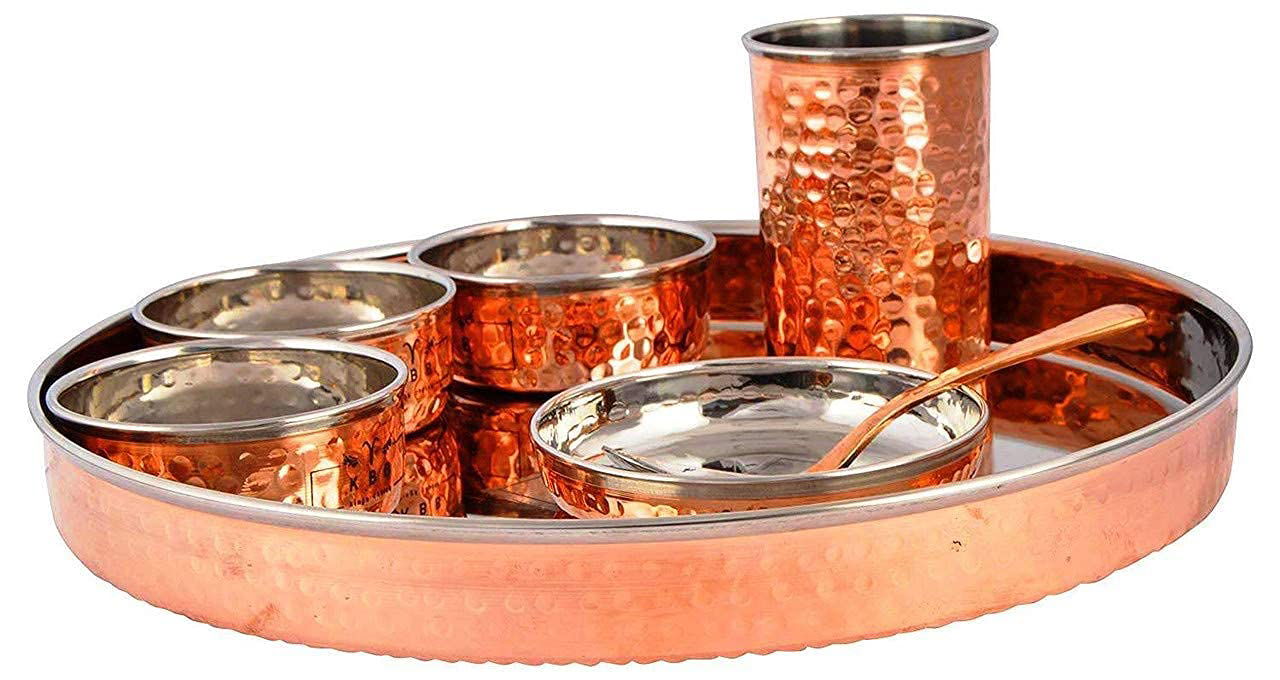 Steel & Copper Traditional Kitchen Dinner Royal Thali Set of 7 Piece Thali Set Mein- 1 Plate, 1 Pudding Plate, 2 Katori, 1 Spoon, 1 Glass and 1 Folk Special Thali Plate for Home/Restaurant - ArtyCraftz.com