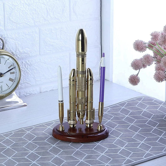 Rocket design Pen Holder 2 slots at solid wooden base I Creative Desk Accessories - ArtyCraftz.com