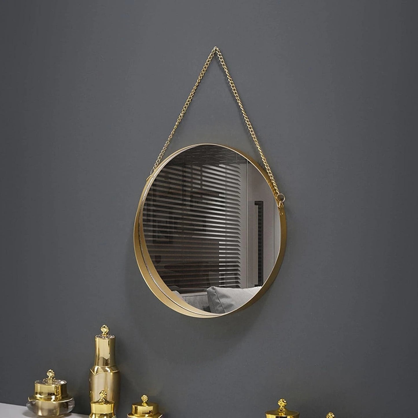 Round Wall Mirror with Chain Metal Frame Hanging Mirror-ArtyCraftz.com