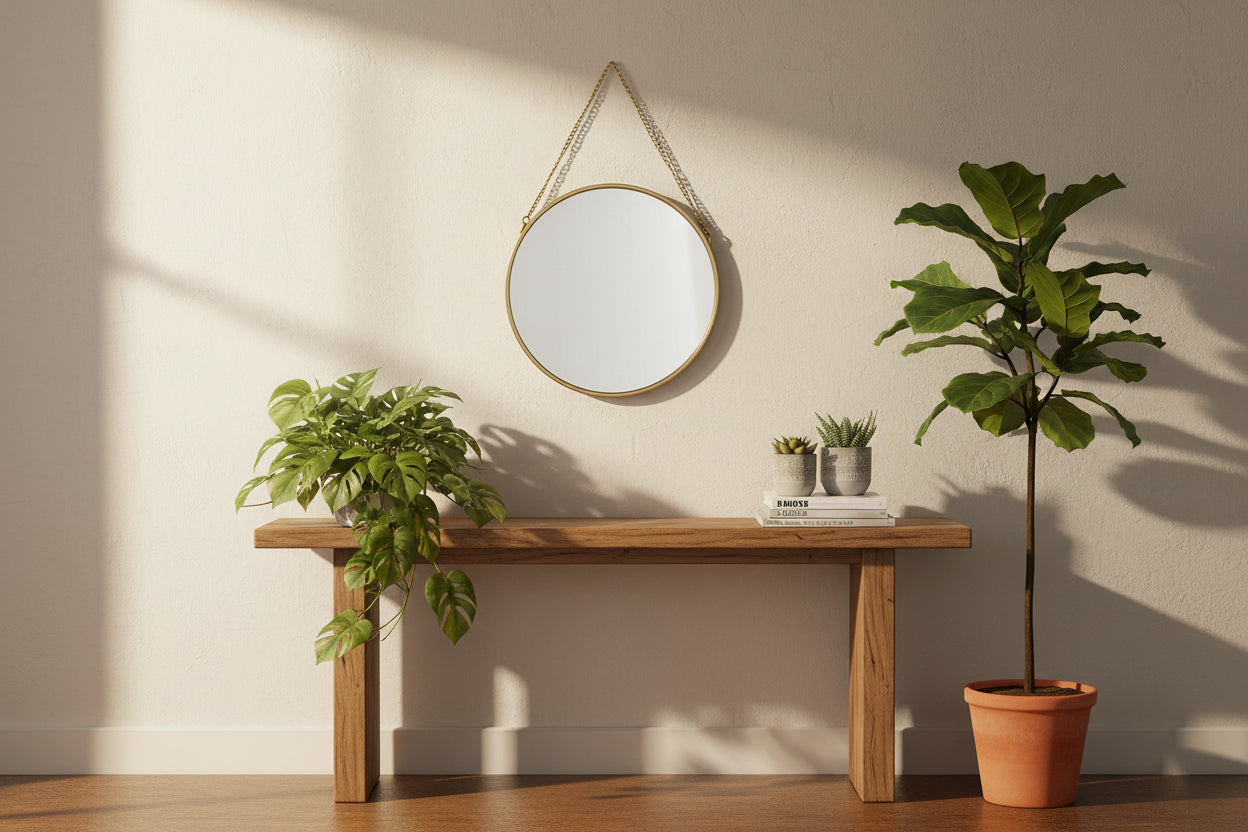 Round Wall Mirror with Chain Metal Frame Hanging Mirror-ArtyCraftz.com