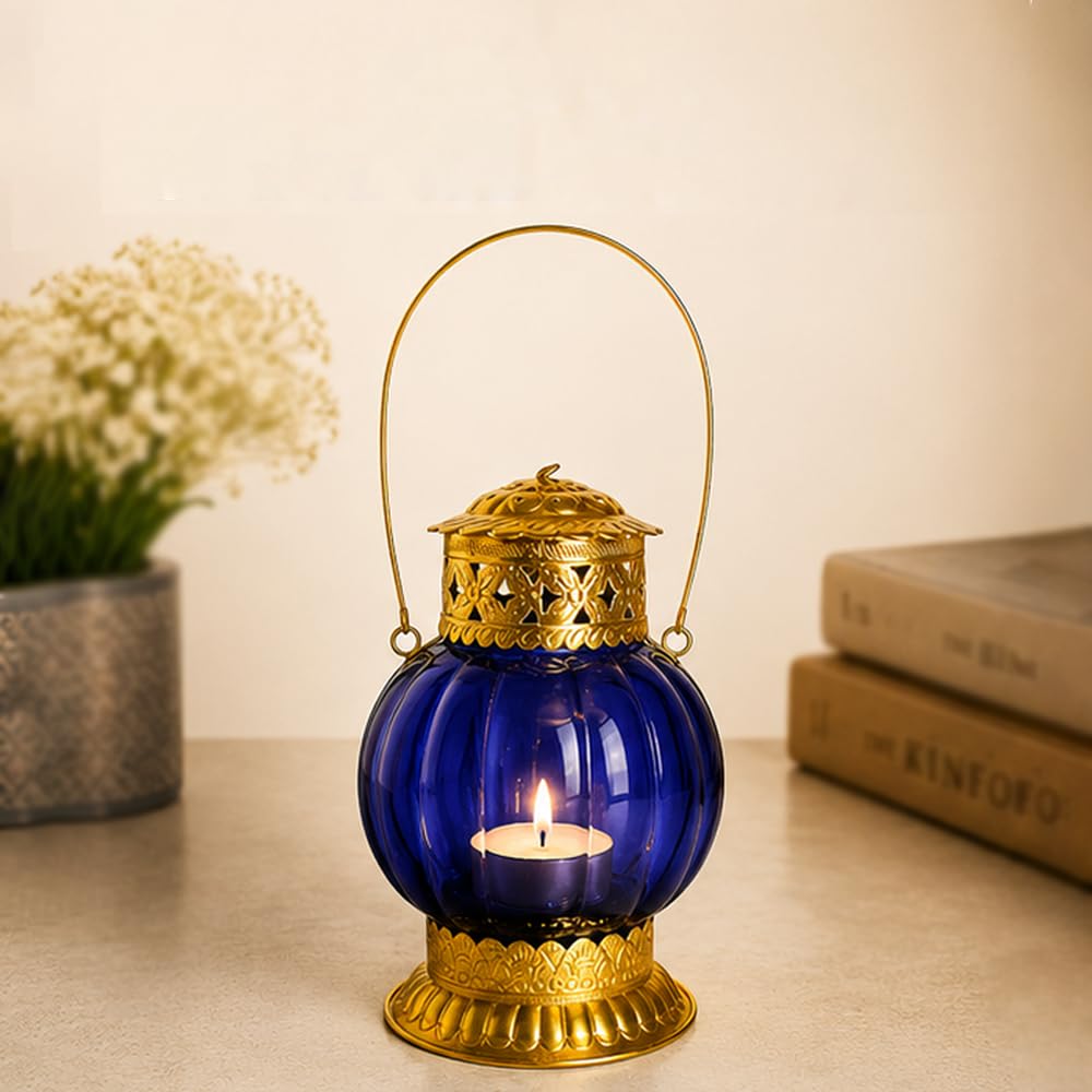 Royal Blue Glass T-Light Lantern with Gold-Tone Metal Detailing-artycraftz.com