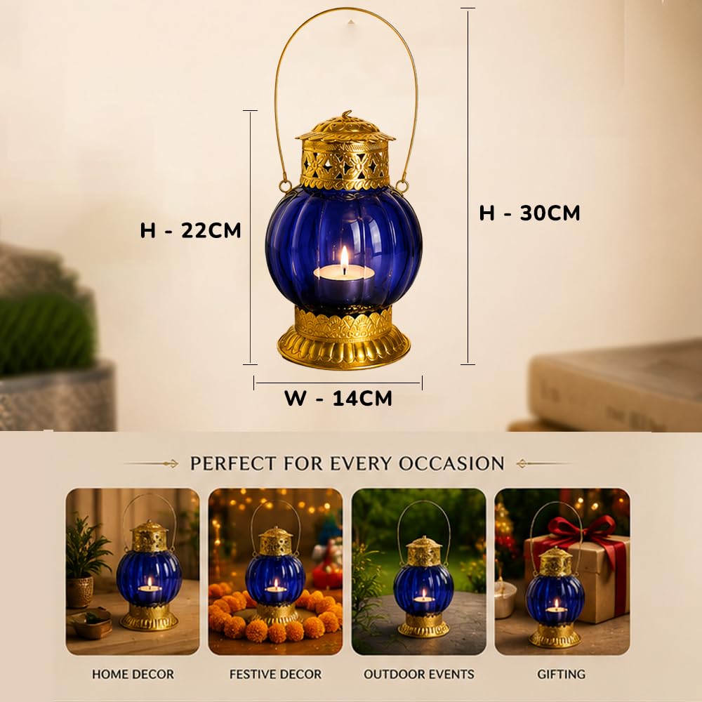 Royal Blue Glass T-Light Lantern with Gold-Tone Metal Detailing-artycraftz.com