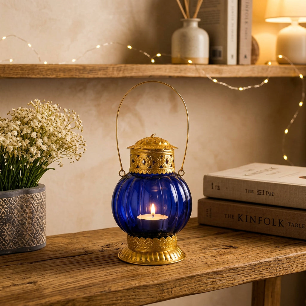 Royal Blue Glass T-Light Lantern with Gold-Tone Metal Detailing-artycraftz.com