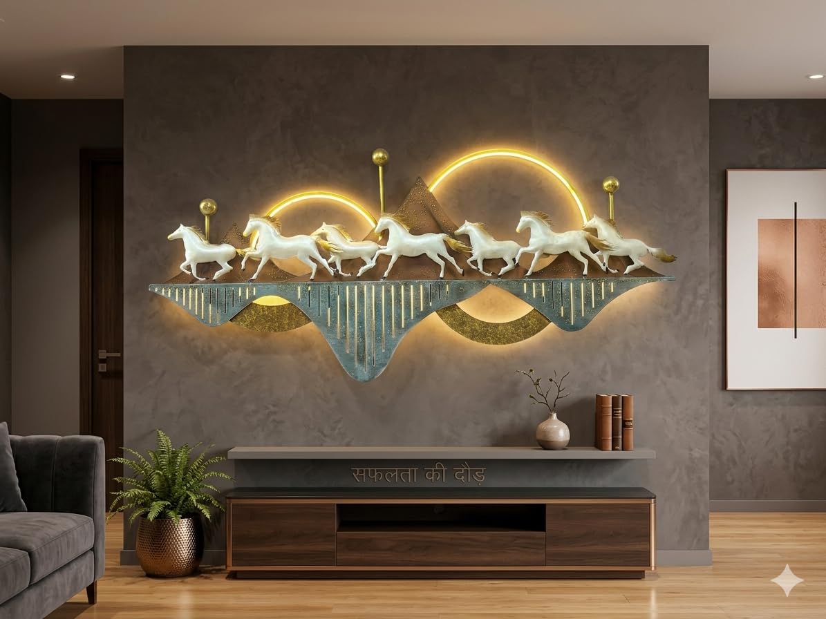Running Seven Horses Metal Wall Art with LED Lights with light View-ArtyCraftz.com