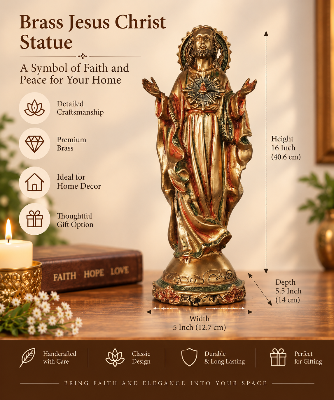 Sacred Heart of Jesus Brass Statue Tabletop Idol (16 Inch)-artycraftz.com