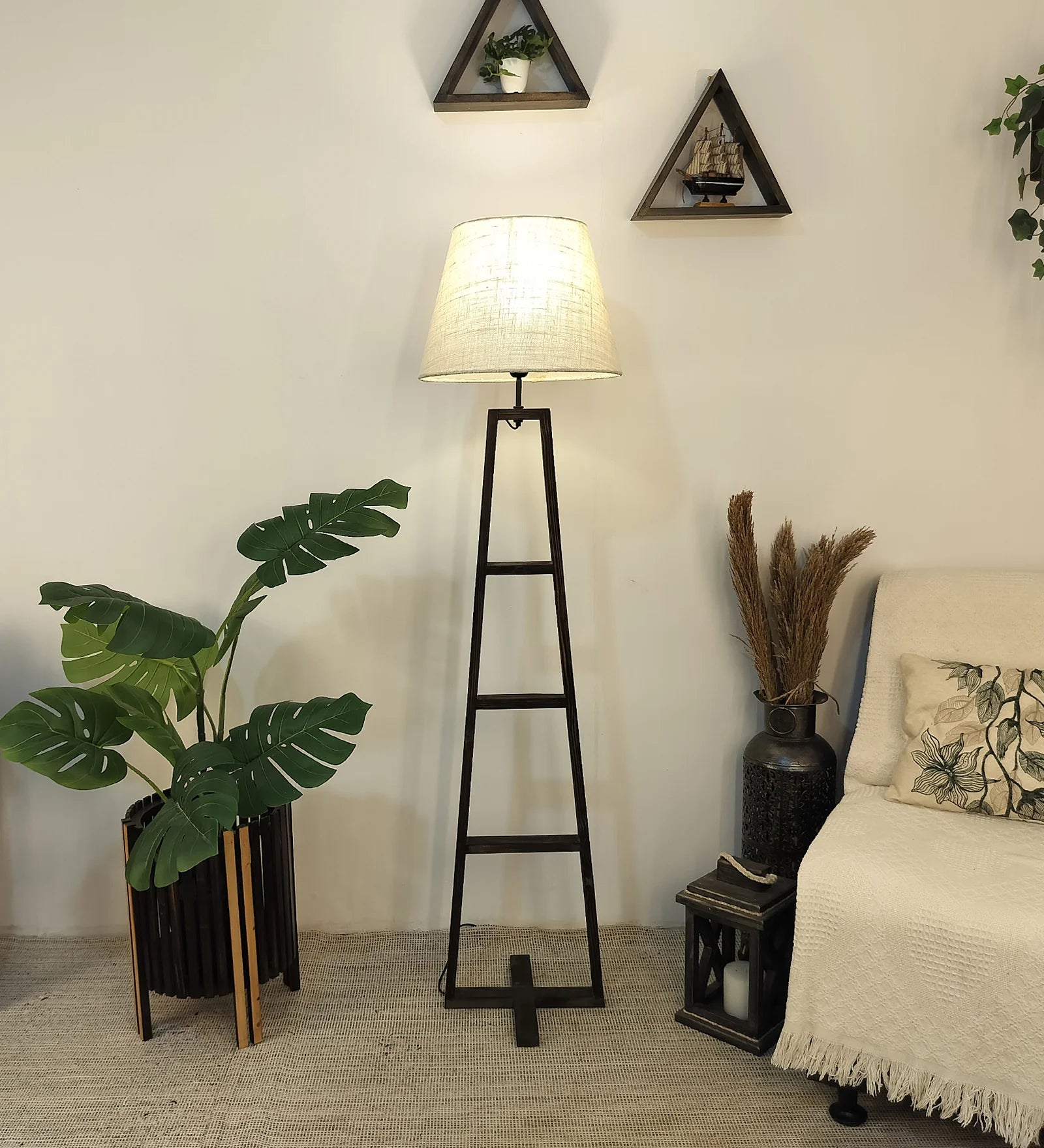 Salita Wooden Floor Lamp with Brown Base and Beige Fabric Lampshade - ArtyCraftz.com