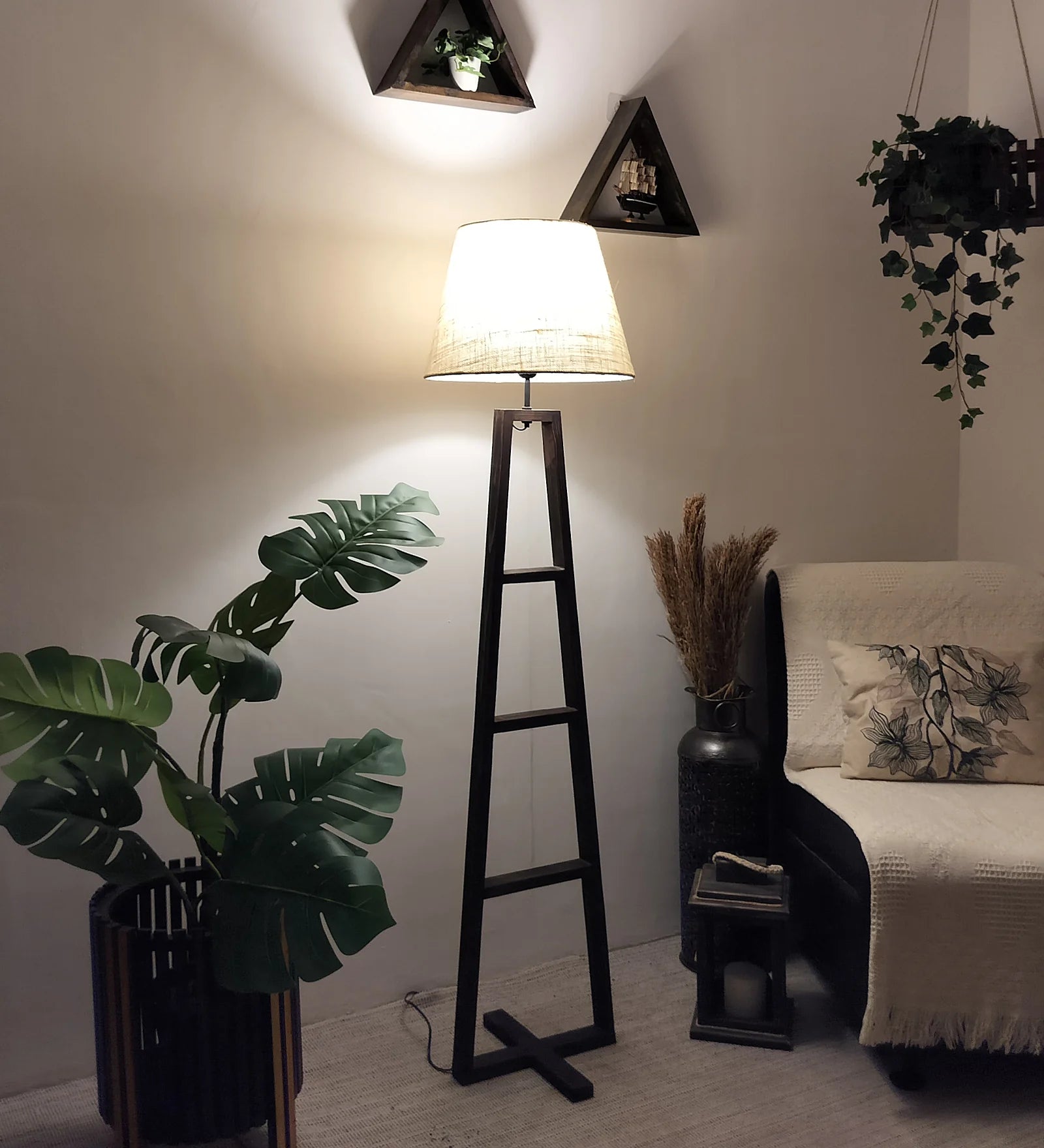 Salita Wooden Floor Lamp with Brown Base and Beige Fabric Lampshade - ArtyCraftz.com