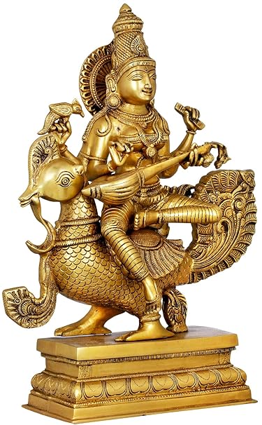 Brass Saraswati Seated Her Swan Idol