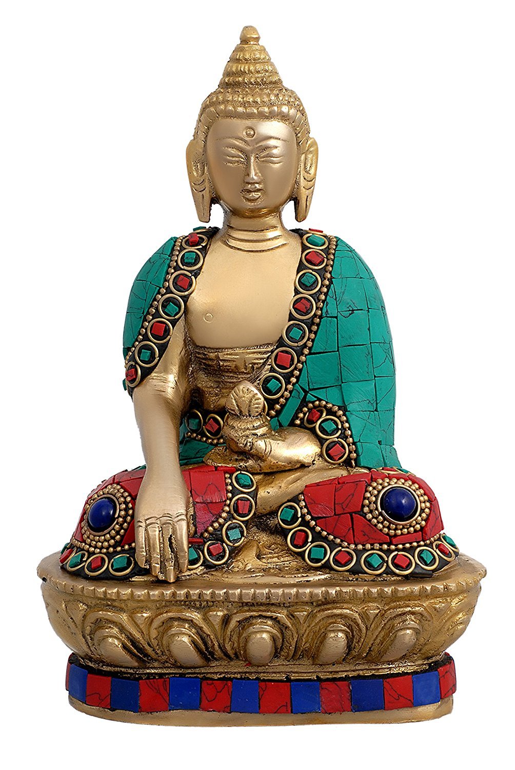 Seated Buddha brass statue with gold-tone and multicolour decorative detailing - ArtyCraftz.com