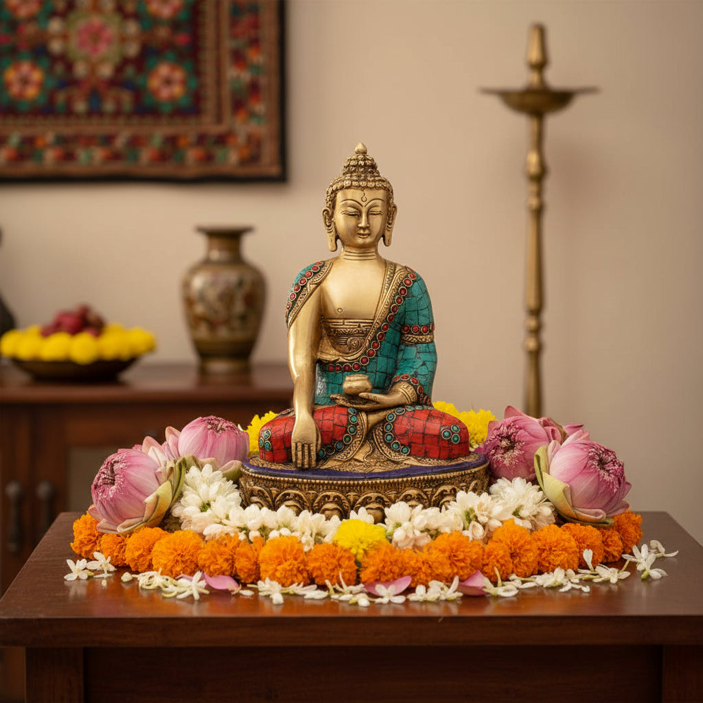 Seated Buddha brass statue with turquoise and red detailing-ArtyCraftz.com