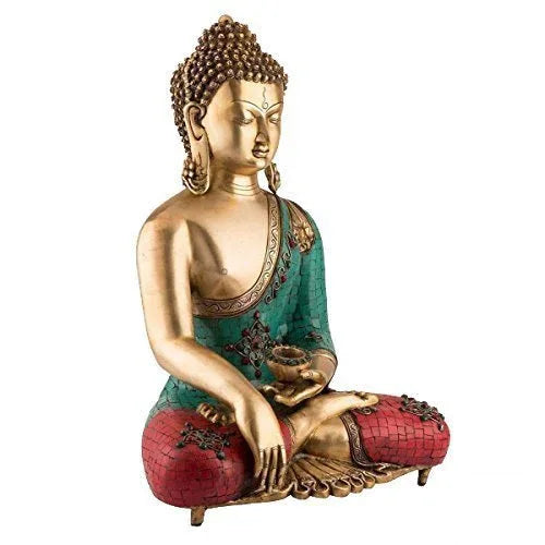 Seated Buddha brass statue with turquoise and red robe detailing- ArtyCraftz.com