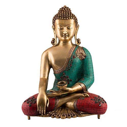 Seated Buddha brass statue with turquoise and red robe detailing- ArtyCraftz.com