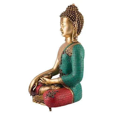 Seated Buddha brass statue with turquoise and red robe detailing- ArtyCraftz.com