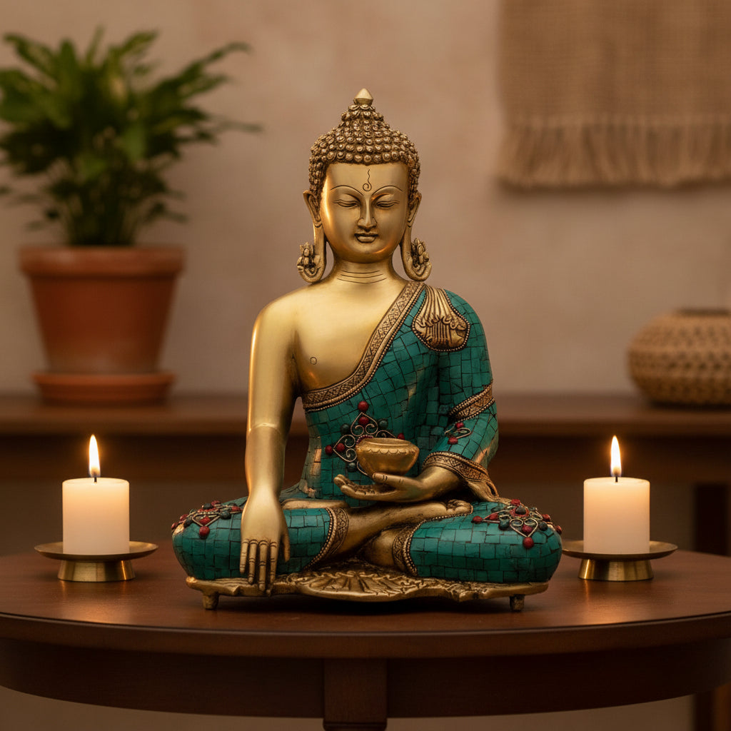 Seated Buddha brass statue with turquoise decorative detailing-ArtyCraftz.com