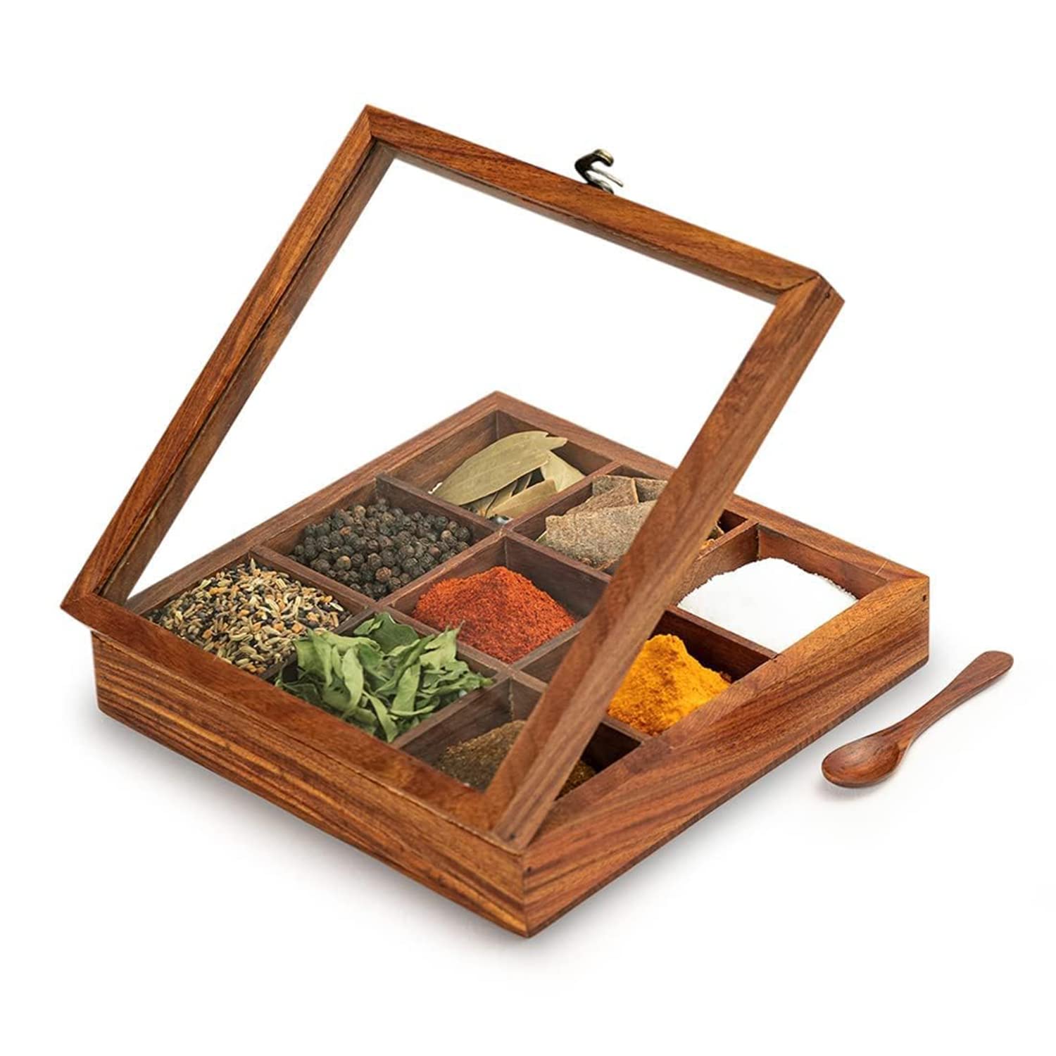 Seesham Wood 9 Compartment Spice Box with Glass Lid-ArtyCraftz.com