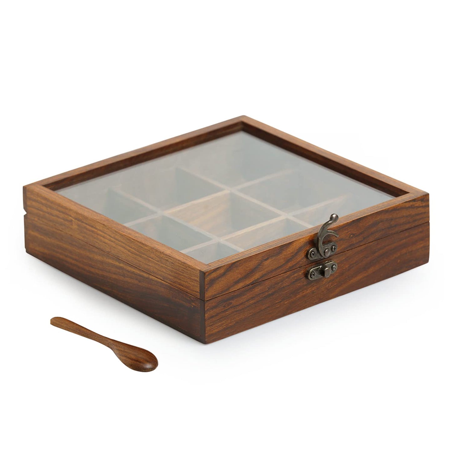 Seesham Wood 9 Compartment Spice Box with Glass Lid-ArtyCraftz.com