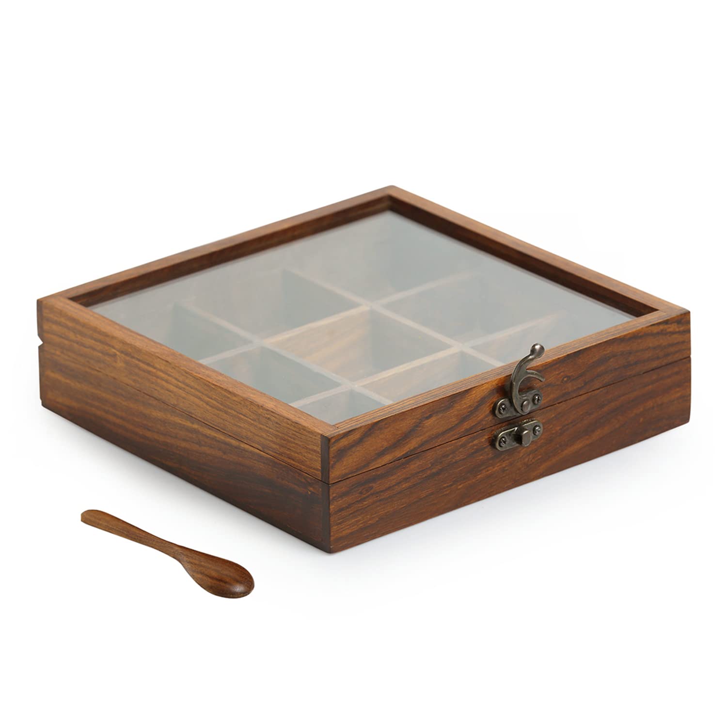 Seesham Wood 9 Compartment Spice Box with Glass Lid-ArtyCraftz.com