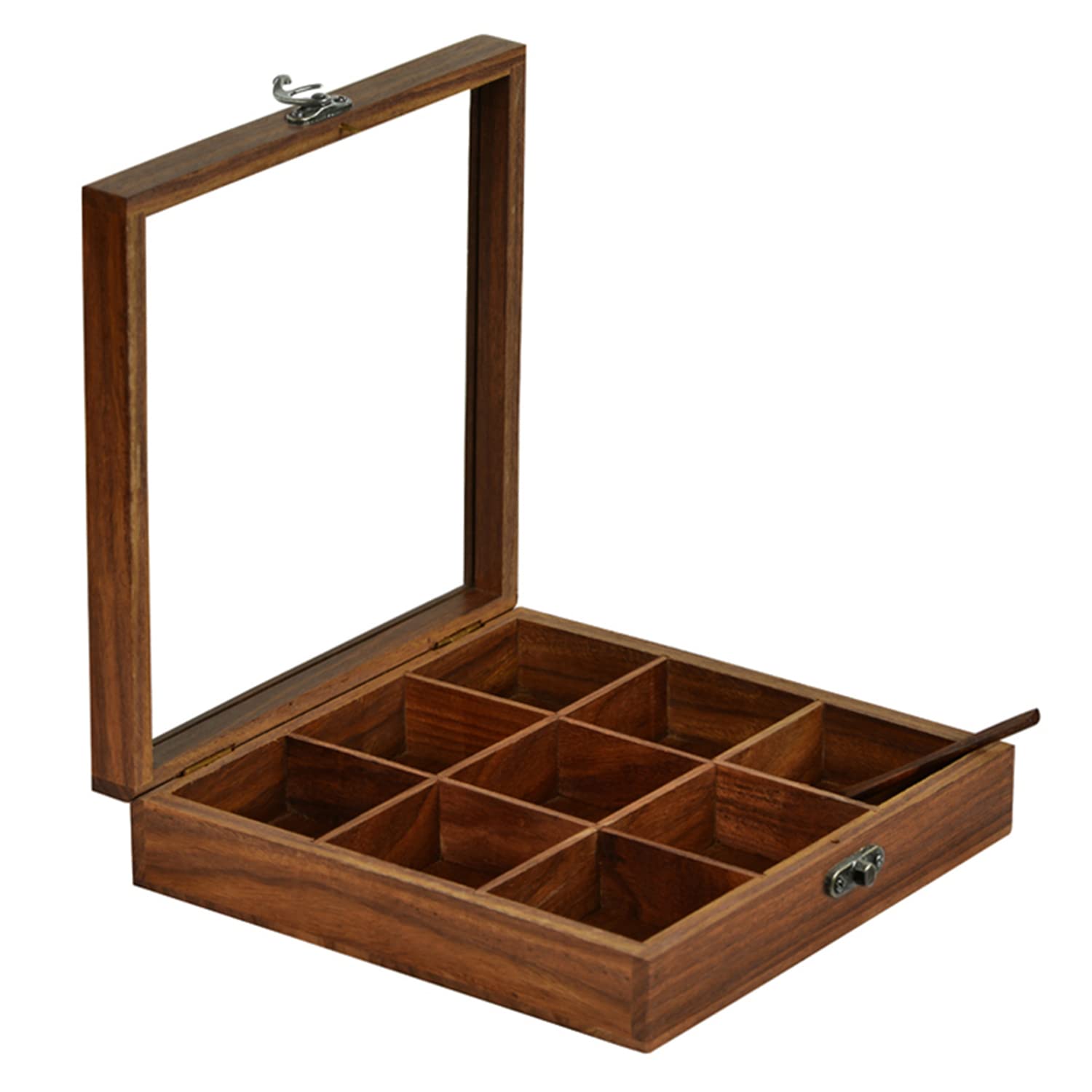 Seesham Wood 9 Compartment Spice Box with Glass Lid-ArtyCraftz.com