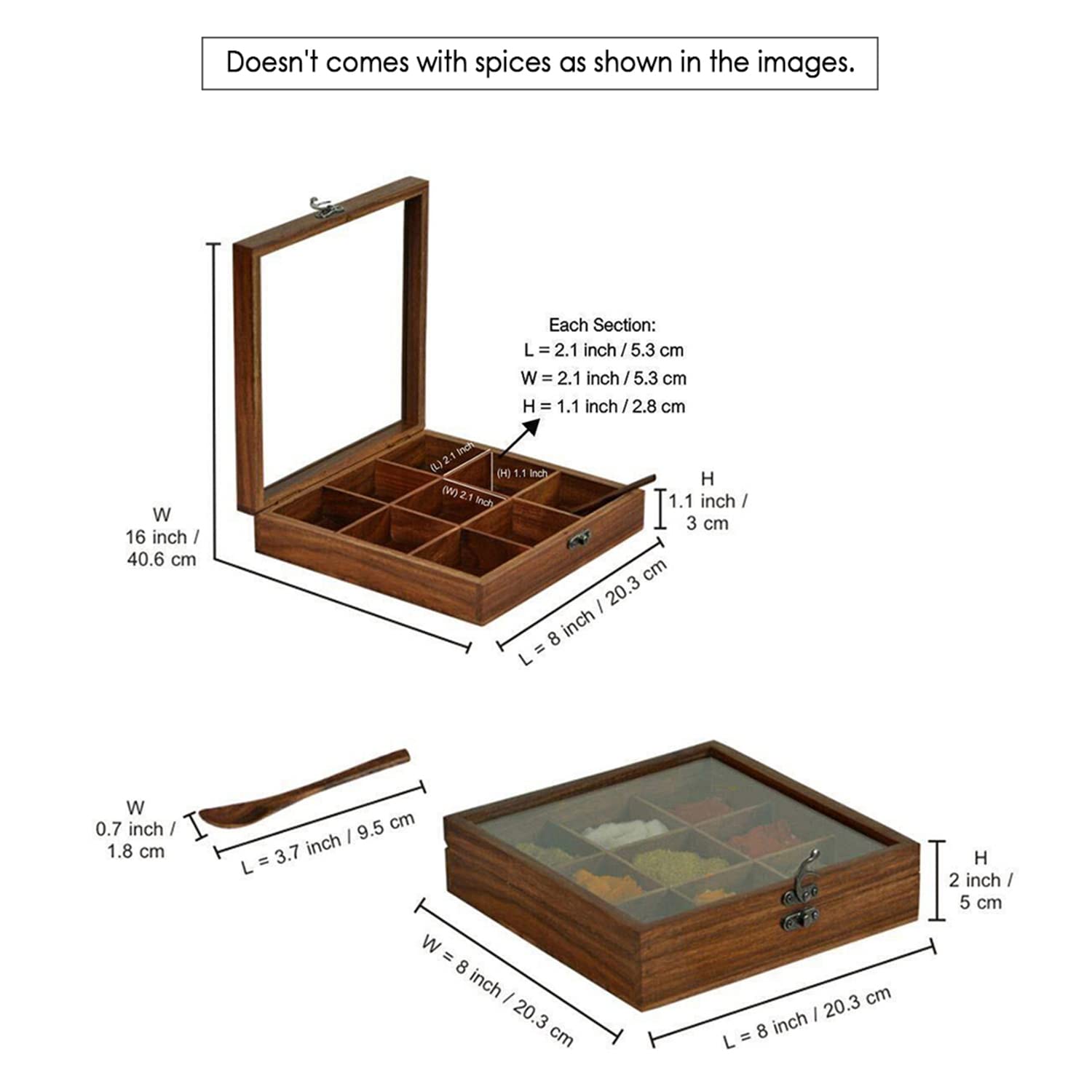 Seesham Wood 9 Compartment Spice Box with Glass Lid-ArtyCraftz.com