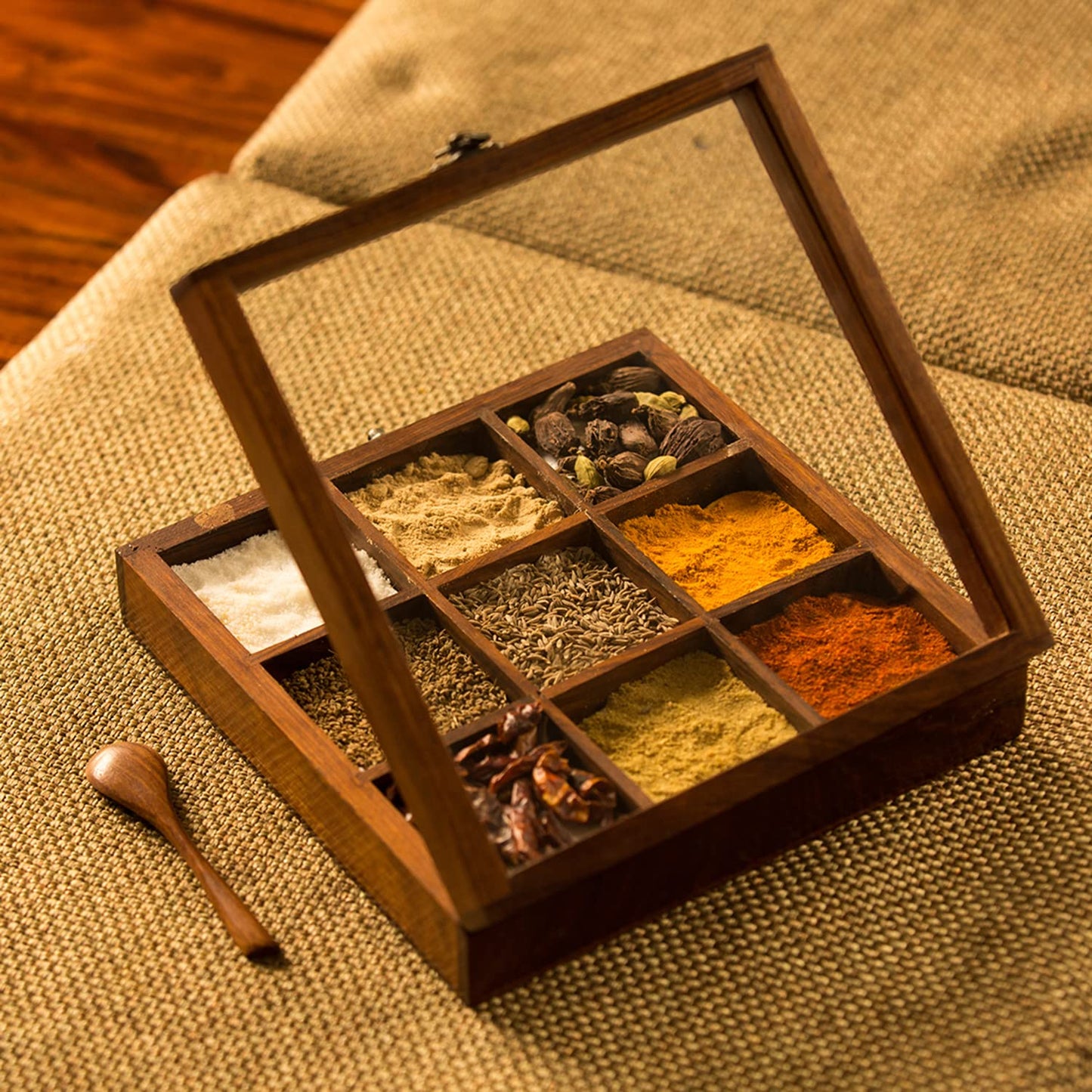 Seesham Wood 9 Compartment Spice Box with Glass Lid-ArtyCraftz.com