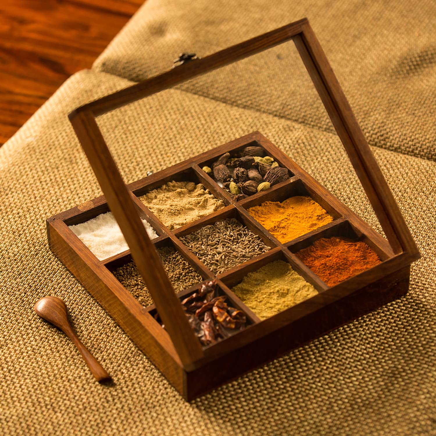 Seesham Wood 9 Compartment Spice Box with Glass Lid-ArtyCraftz.com