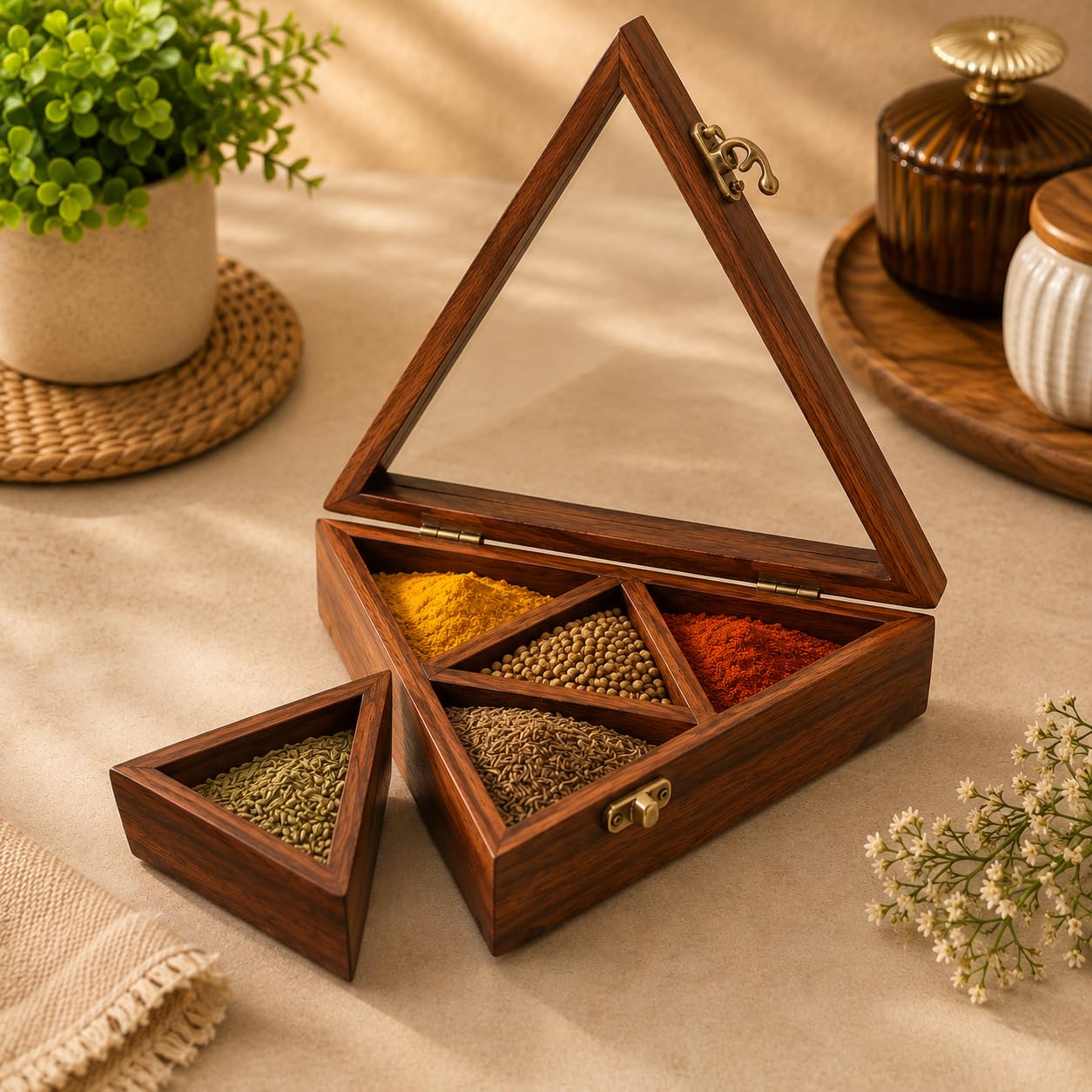 Seesham Wood Triangle Spice Box-ArtyCraftz.com