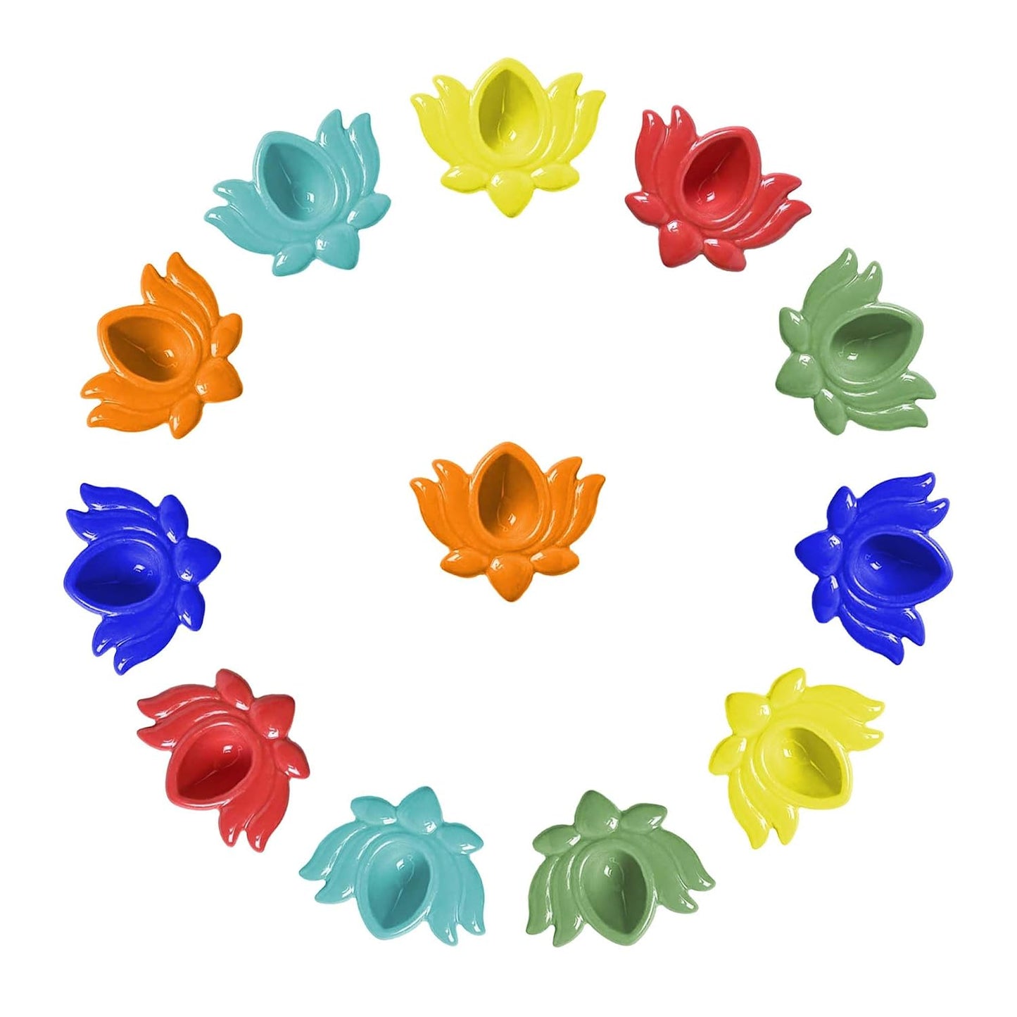 Set of 12 multicolor ceramic lotus diyas for Diwali and pooja decor-ArtyCraftz.com
