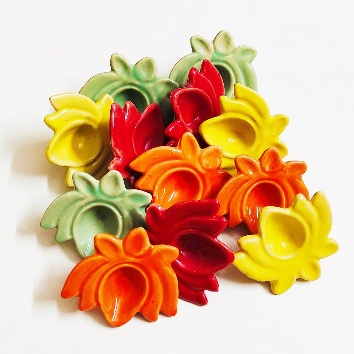 Set of 12 multicolor ceramic lotus diyas for Diwali and pooja decor-ArtyCraftz.com