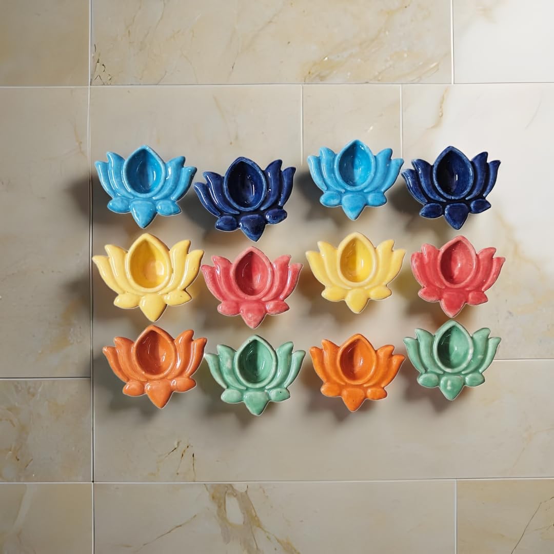 Set of 12 multicolor ceramic lotus diyas for Diwali and pooja decor-ArtyCraftz.com