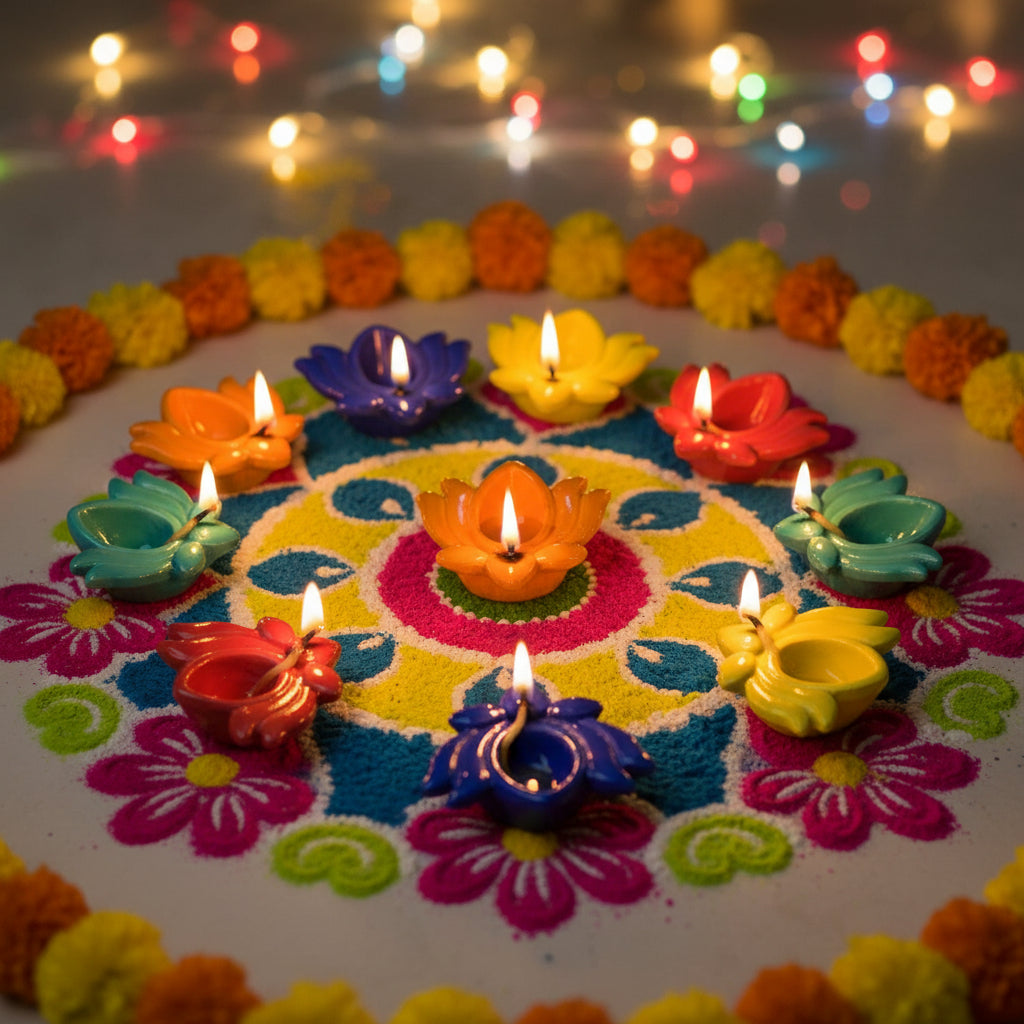 Set of 12 multicolor ceramic lotus diyas for Diwali and pooja decor-ArtyCraftz.com