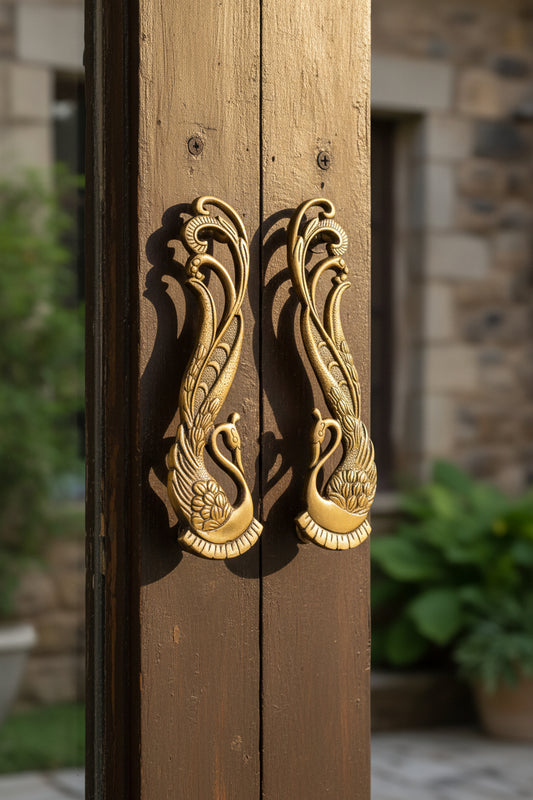 Set of 2 decorative brass peacock door handles with engraved detailing-artycraftz.com
