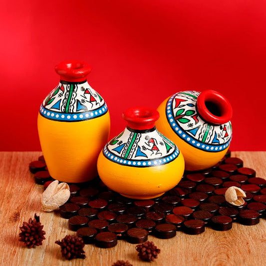 Set of 3 Terracotta Warli Painted Miniature Flower Vase- ArtyCraftz.com