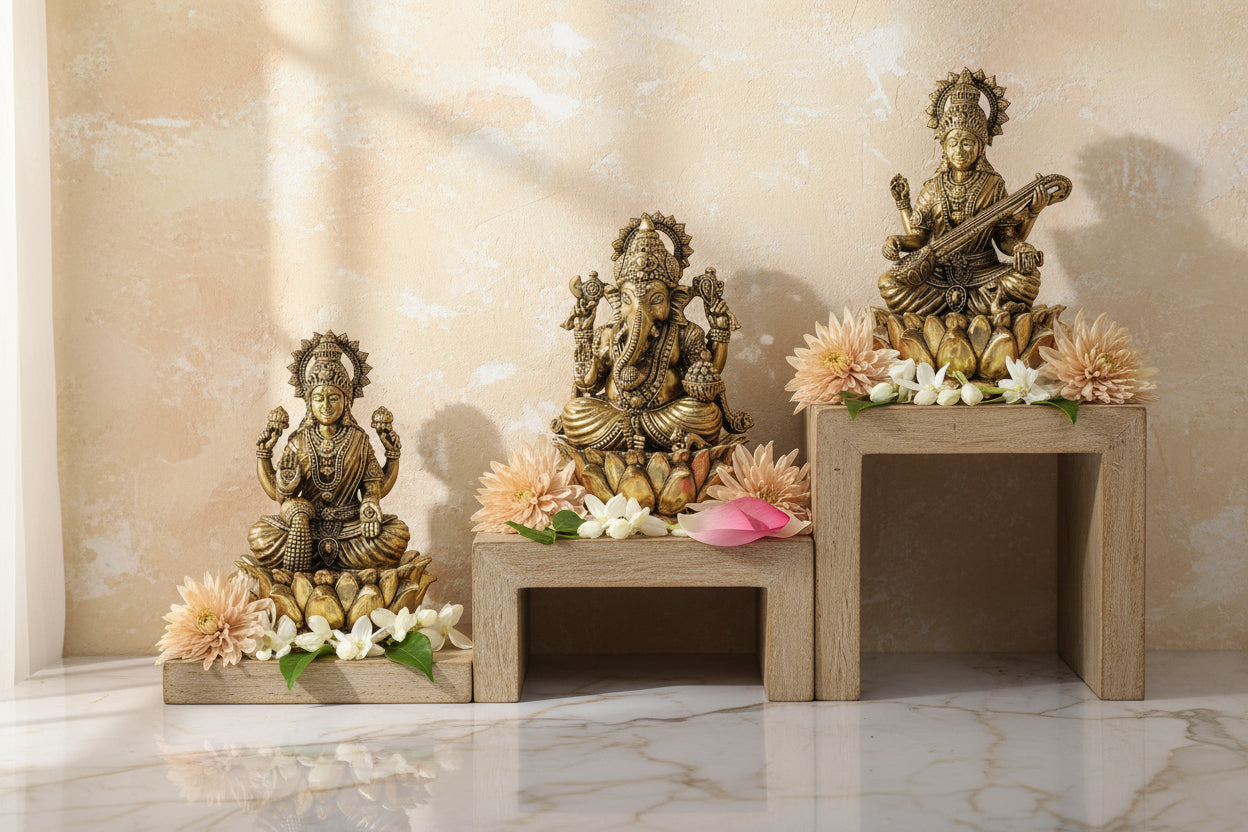 Set of 3 handcrafted 6-inch solid brass Lakshmi, Ganesha and Saraswati idols each seated on individual lotus base, antique gold two-tone finish — ArtyCraftz