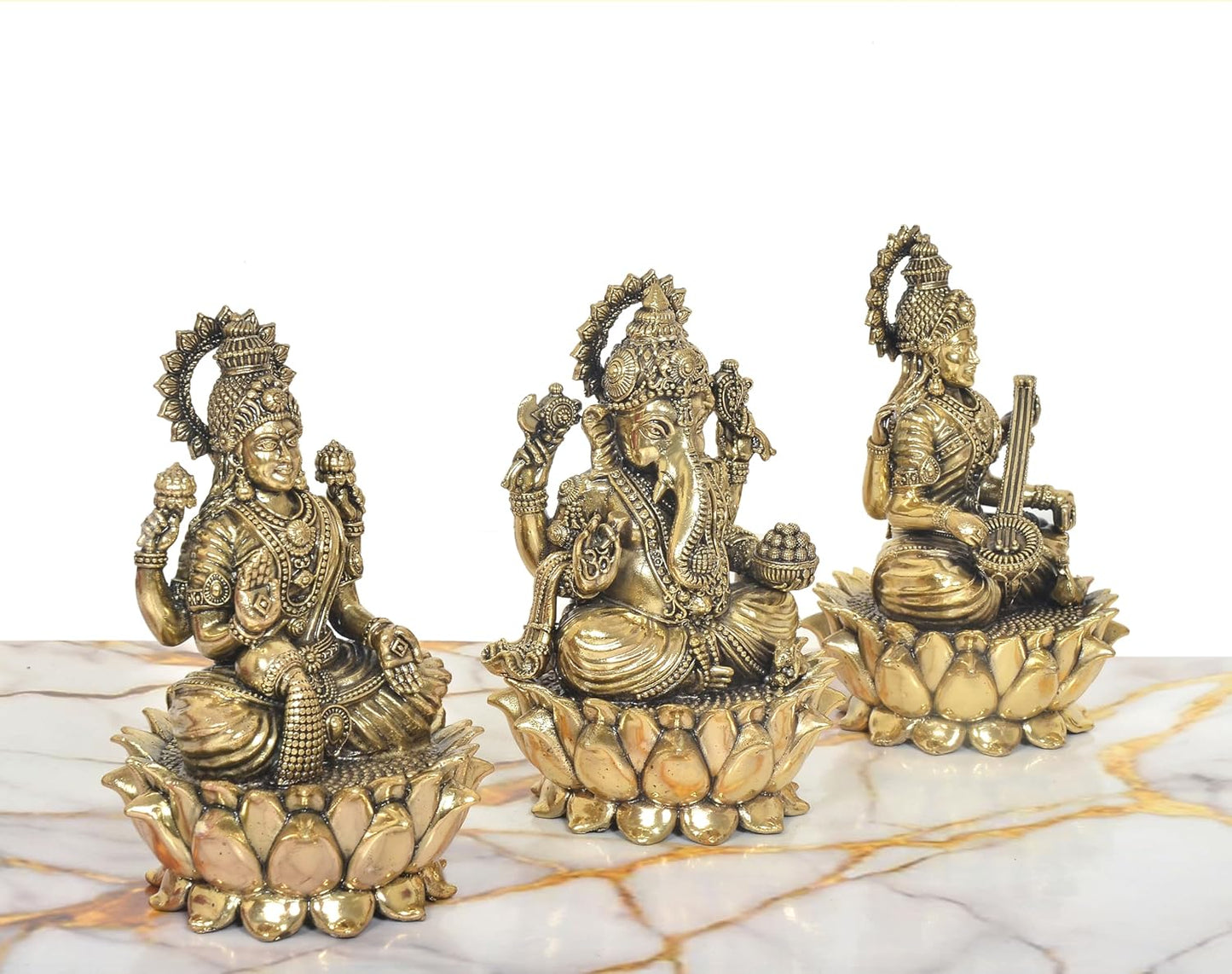 Set of 3 handcrafted 6-inch solid brass Lakshmi, Ganesha and Saraswati idols each seated on individual lotus base, antique gold two-tone finish — ArtyCraftz