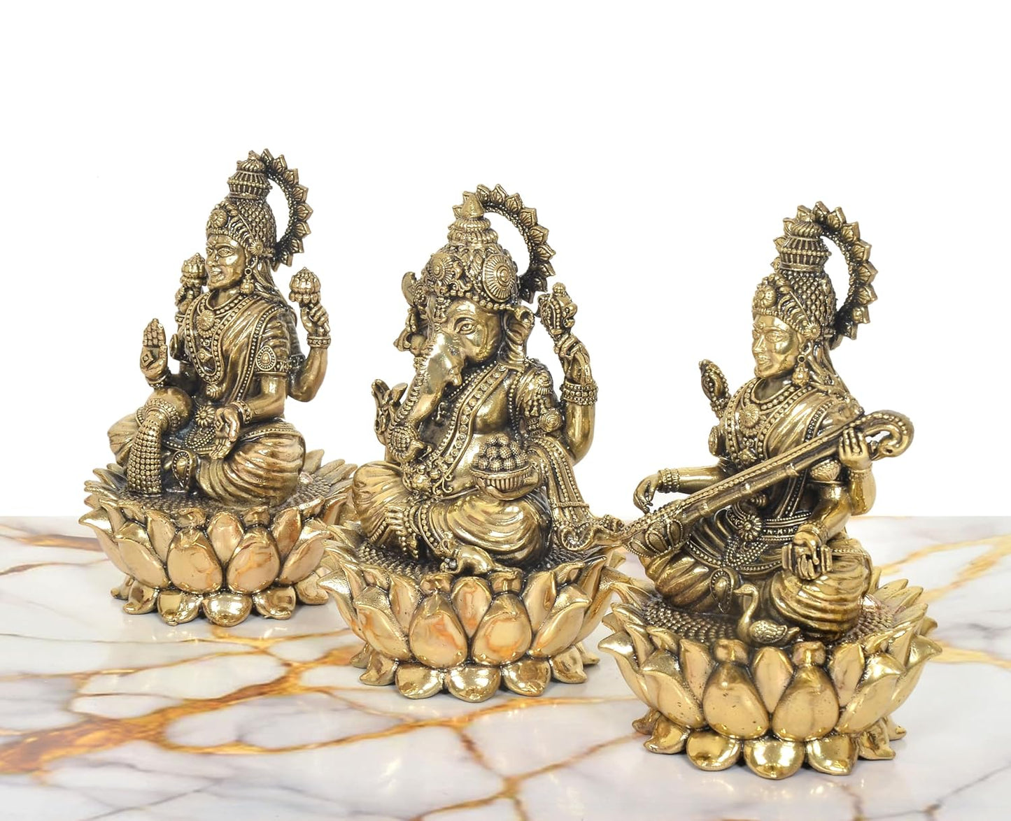 Set of 3 handcrafted 6-inch solid brass Lakshmi, Ganesha and Saraswati idols each seated on individual lotus base, antique gold two-tone finish — ArtyCraftz
