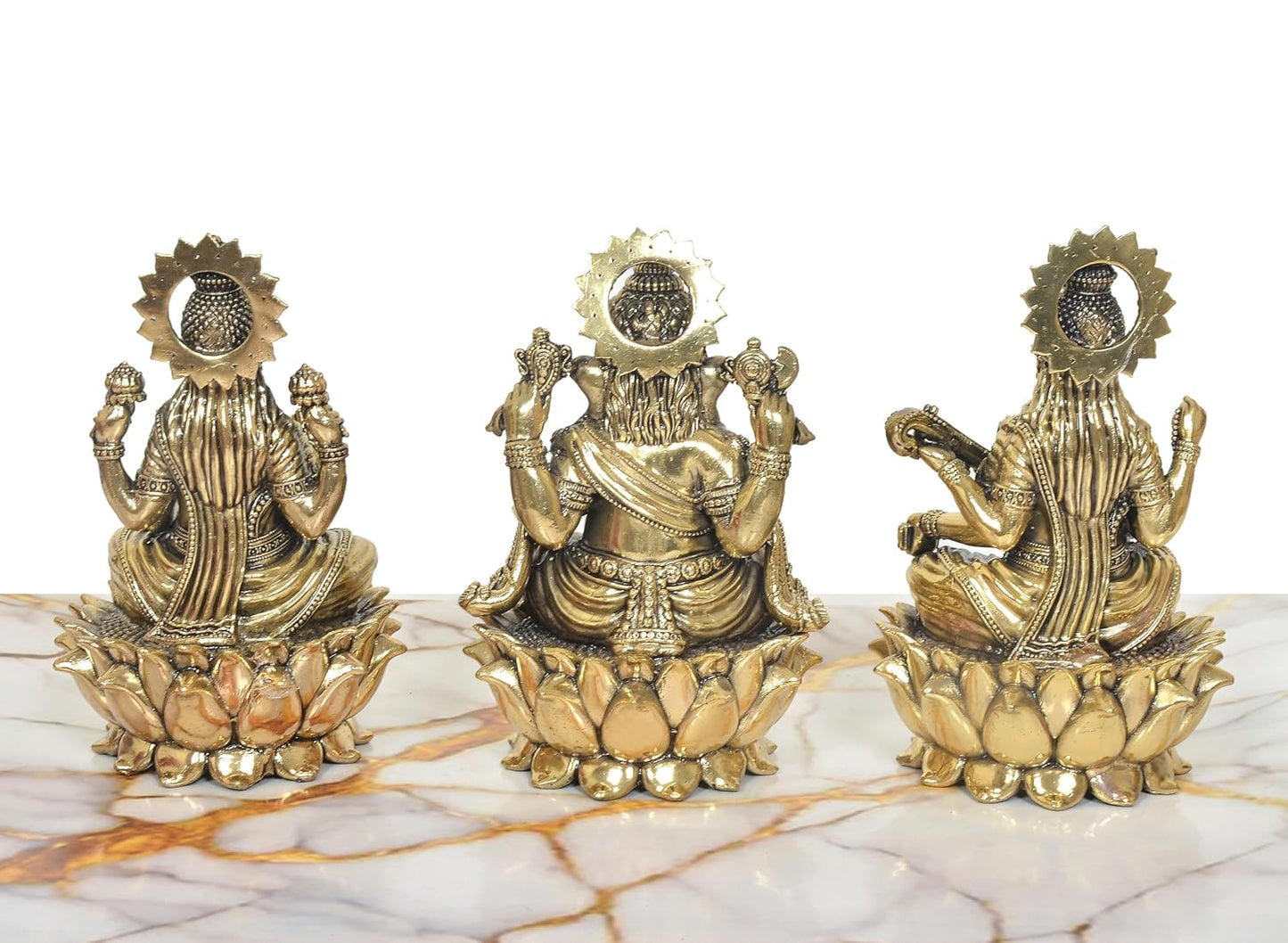 Set of 3 handcrafted 6-inch solid brass Lakshmi, Ganesha and Saraswati idols each seated on individual lotus base, antique gold two-tone finish — ArtyCraftz