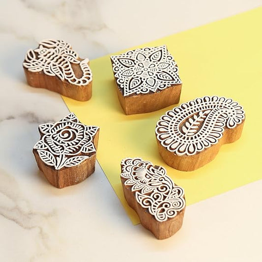 Set of 5 Mughal Design Wooden Printing Stamp Block - ArtyCraftz.com