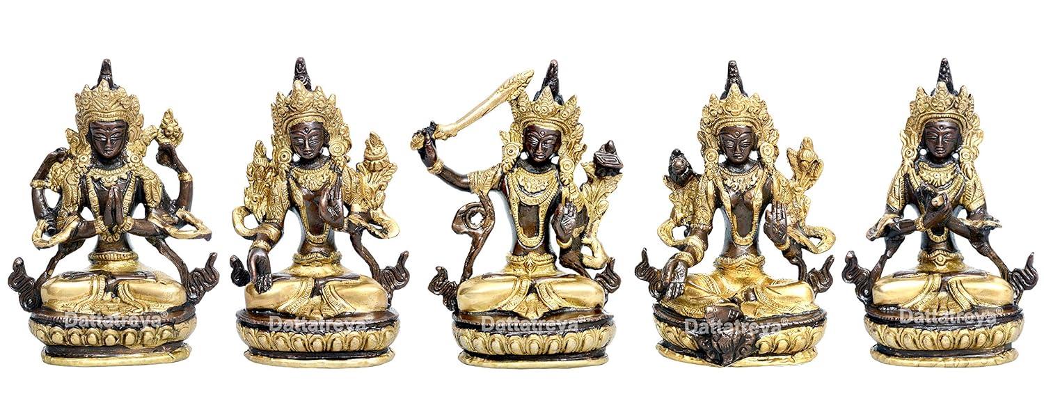 Set of 5 handcrafted 5.5-inch solid brass Tibetan Buddhist deity idols — Green Tara, White Tara, Manjushri with sword, Chenrezig and Vajradhara — black and gold two-tone finish on lotus bases — ArtyCraftz