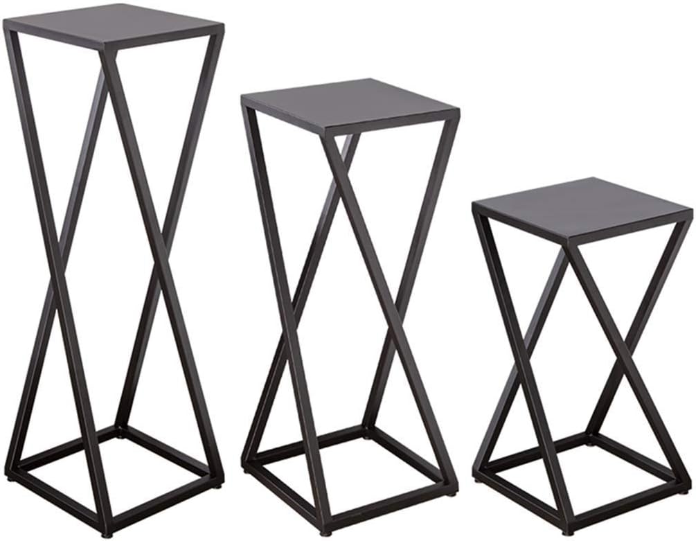 Set of three black iron plant stands with modern X-shaped frames in small, medium and large sizes.-artycraftz.com