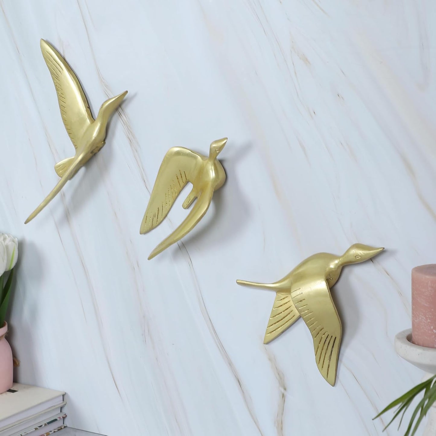 Set of three brass flying bird wall décor pieces with engraved feather details-ArtyCraftz.com
